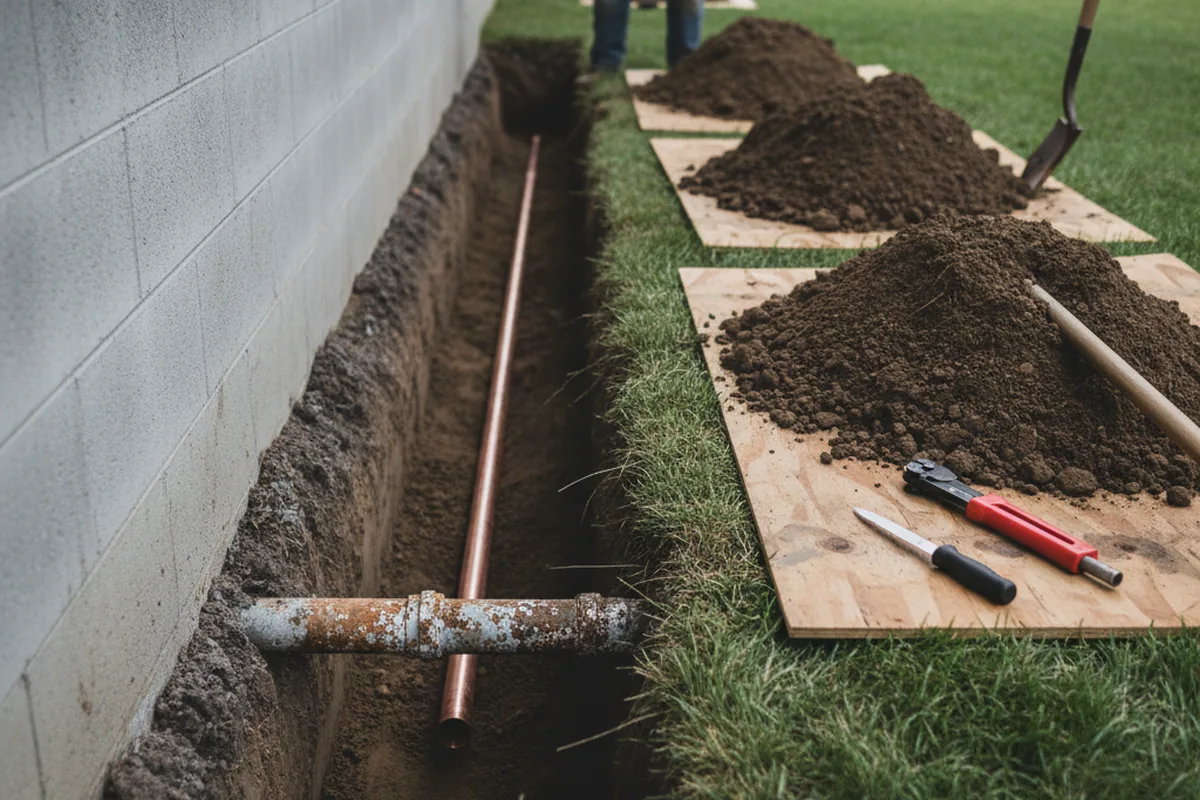 Excavated water line trench during Water Heater Repair in Calhoun